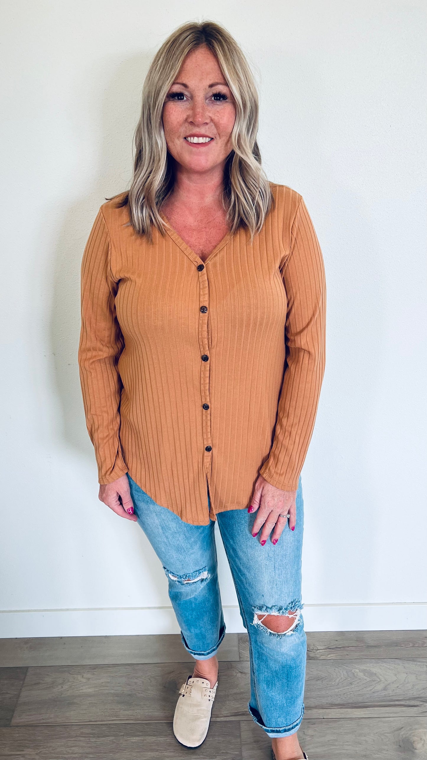 Ribbed Button Up Long Sleeve